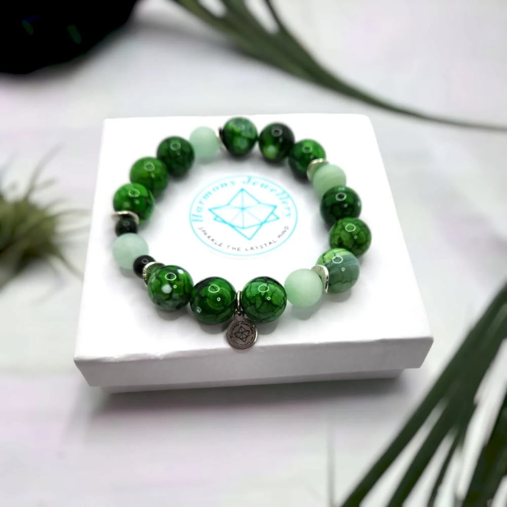 Green Crackle Agate, Amazonite, Harmony charm bracelet